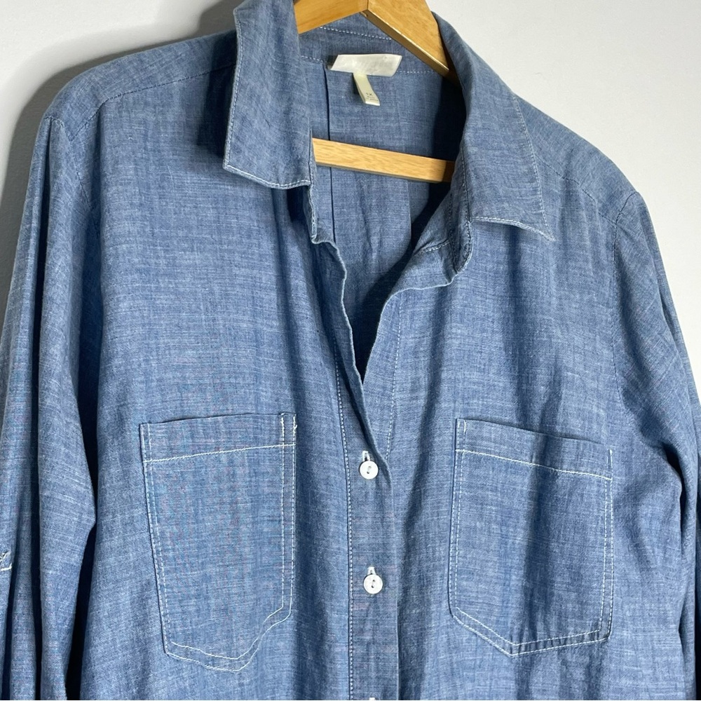 Hester & Orchard Blue Chambray Button Down Tab sleeve Blouse Size 1X - Picture 2 of 13